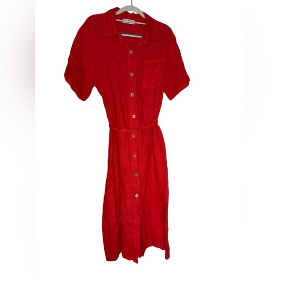 Full Stone Cherry red collared button down linen dress - Picture 1 of 7